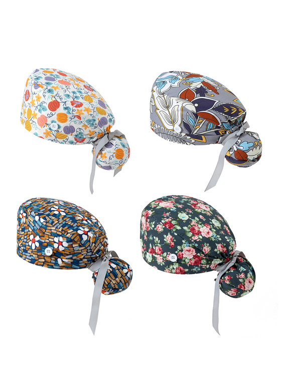 Scrub Caps Women,Bouffant Caps with Buttons Sweatband,Adjustable Scrub Cap for Men,4 Pack