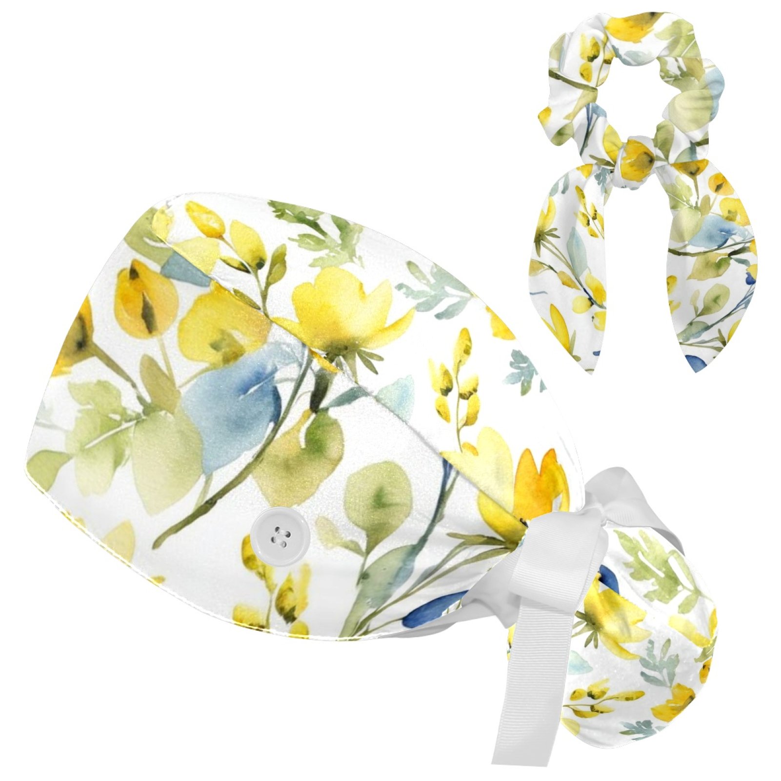 Scrub Caps Women,Gift Hair Tie,Yellow Flowers，Chef Cap,Cute Scrub Caps