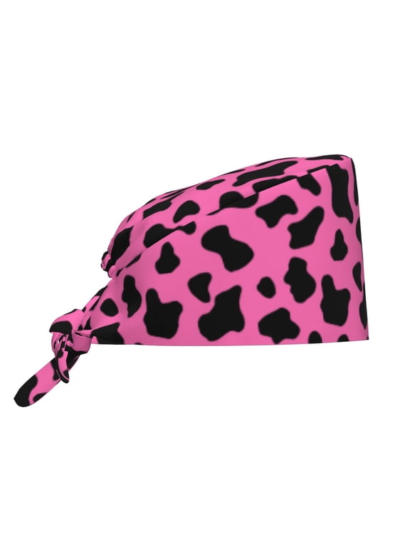 Scrub Caps Women Men - Black Pink Cow Animal Print Soft Comfy Waterproof Adjustable Working Cap Scrub Hats Surgical Caps for Women Men With Sweatband, Nurse Caps for Women Men