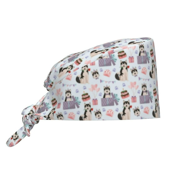 Scrub Caps Women Men, Cartoon Cute Husky Dog Gift Adjustable Working Caps, Turban Hat Cleaning Working Cap with Sweatband, Elastic Bandage Tie Back Nurse Cap
