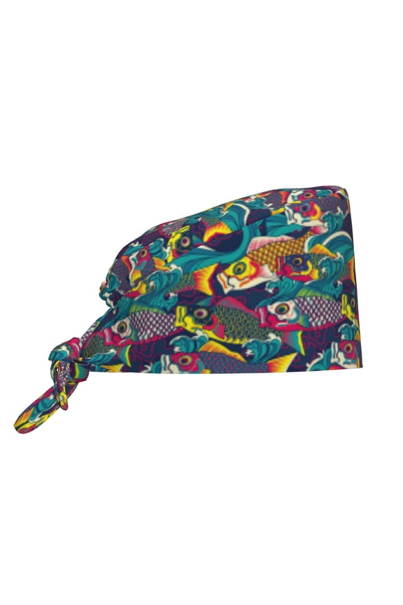Scrub Caps Women Men - Colorful Carp Streamer Soft Comfy Waterproof Adjustable Working Cap Scrub Hats Surgical Caps for Women Men With Sweatband, Nurse Caps for Women Men