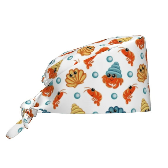 Scrub Caps Women Men, Hermit Crab Shrimp Scallop Adjustable Working Caps, Turban Hat Cleaning Working Cap with Sweatband, Elastic Bandage Tie Back Nurse Cap