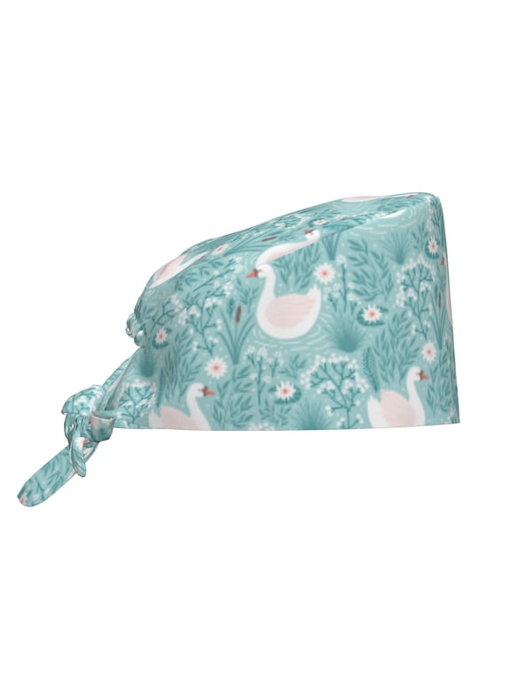 Scrub Caps Women Men - Swan And Flowers4 Soft Comfy Waterproof Adjustable Working Cap Scrub Hats Surgical Caps for Women Men With Sweatband, Nurse Caps for Women Men