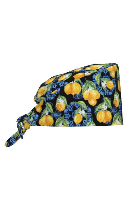 Scrub Caps Women Men - Yellow Lemons Blue Sicilian Style Soft Comfy Waterproof Adjustable Working Cap Scrub Hats Surgical Caps for Women Men With Sweatband, Nurse Caps for Women Men