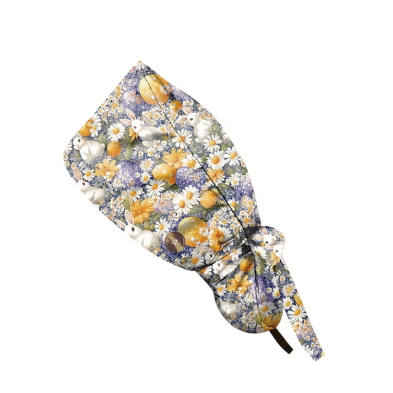 Scrub Caps Women Nursing Hats With Buttons Adjustable Bouffant Nurse Hats Ponytail Holder Bouffant Turban Bunny Eggs Print Work Cap, Casual Women'S Ponytail Cap Yellow one size