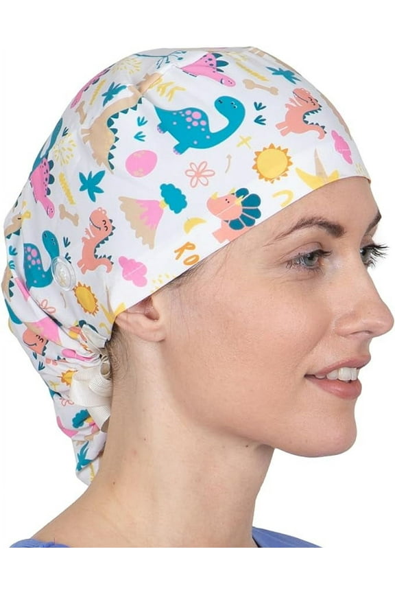 Scrub Caps Women Ponytail - Surgical Caps for Women Long Hair - Nurse Cap - Scrub Hats for Nurses - Bouffant Scrub Cap Dino
