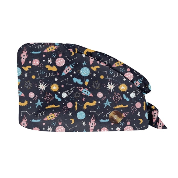 Scrub Caps Women, Surgical Caps with Buttons, Ponytail Nurse Hat, Bouffant Scrub Hats with Hair Scrunchy Adjustable Veterinary Surgery, Dogs Cartoon Animal Cute Vintage Lovely Grey