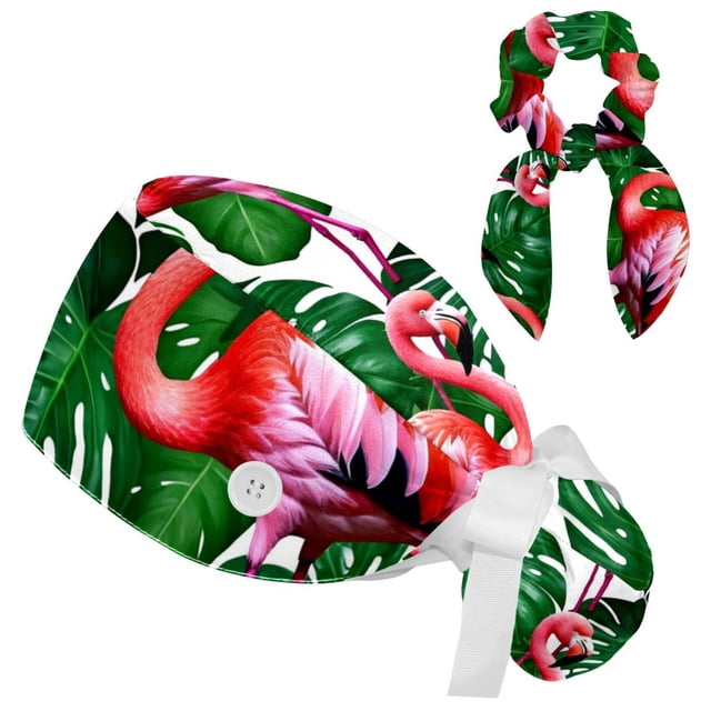 Women's Adjustable Scrub Cap With Button & Ponytail Hole | Seamless Green Leaves Red Flowers Pattern | Bouffant Surgical Hat With Bow