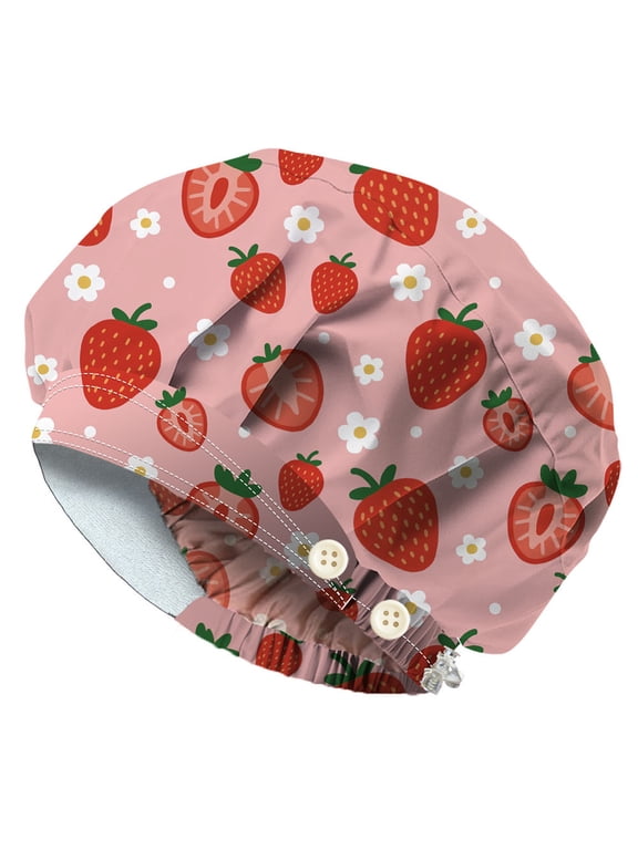 Scrub Caps with 4 Buttons Adjustable Nursing Working Caps With Sweatband Resilient Surgical Hat Hair Cover for Work Strawberry