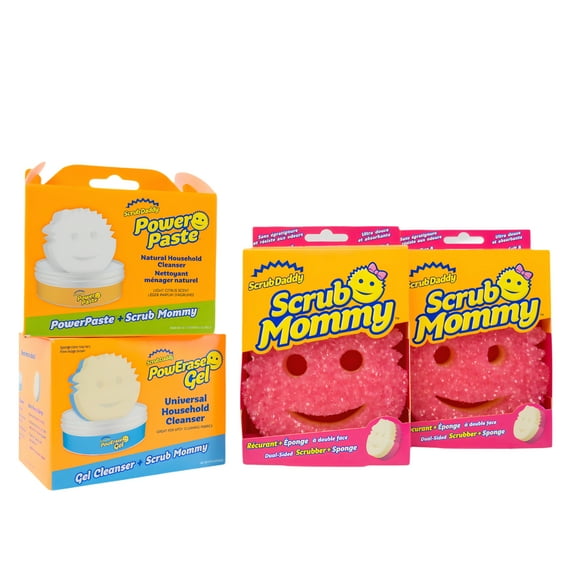 Scrub Daddy Power Up Bundle - 2 Count Scrub Mommy, 1 PowerPaste, Dye-Free Scrub Mommy, 1 PowErase Gel, Blue Cleaning Sponge
