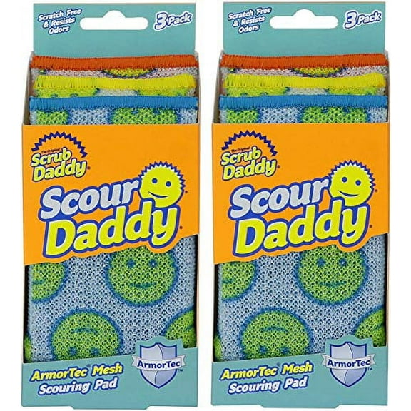 Scrub Daddy Scour Pads - Scour Daddy - Multi-Surface Scouring Pad, FlexTexture Sponge, Soft in Warm Water, Firm in Cold, Scratch Free, Odor Resistant, Easy to Clean 3ct (Pack of 2)