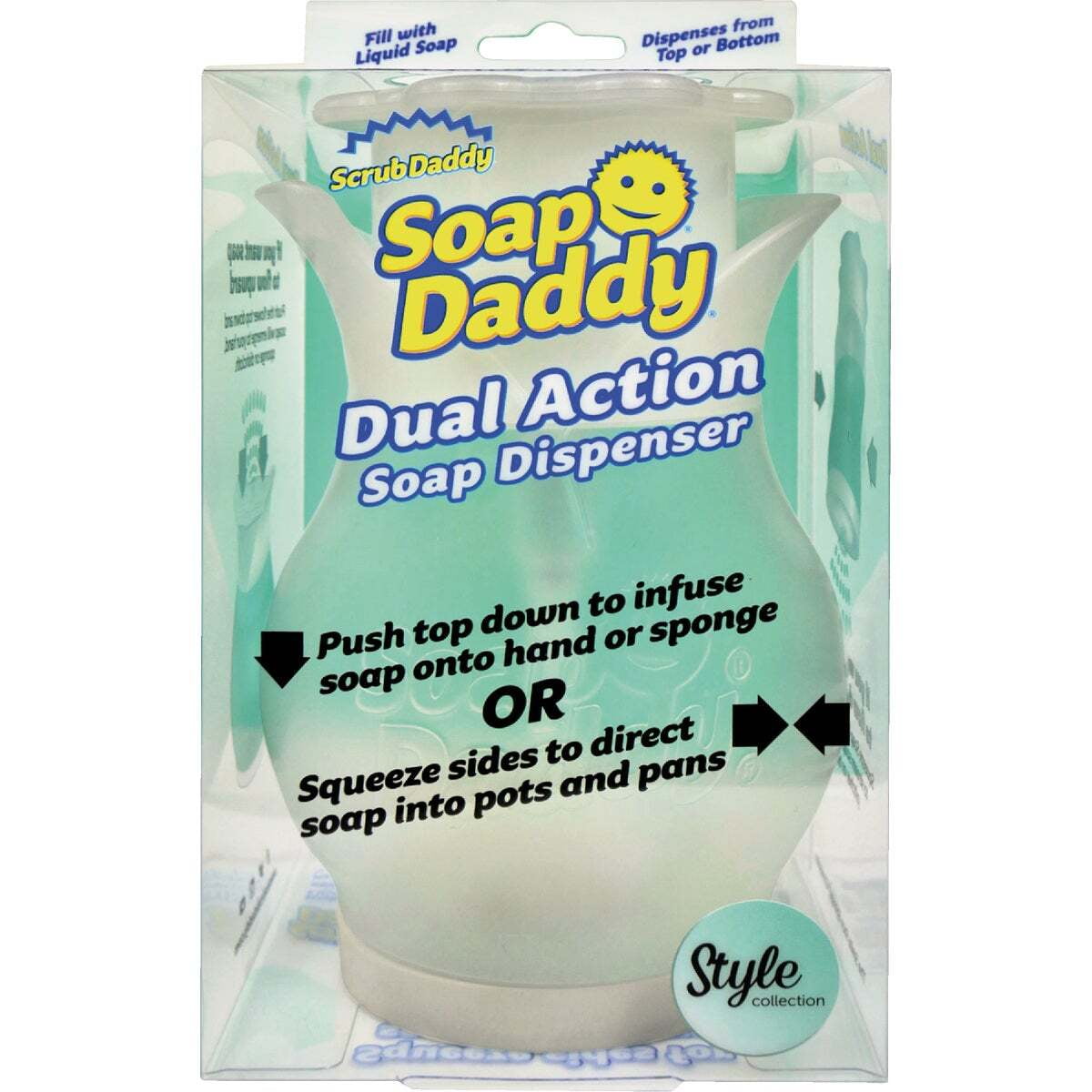 Scrub Daddy Refillable Dish Washing Liquid Dispenser Soap Daddy, Clear and BPA Free Plastic, Dual Action Pump and Squeeze, 13.25 fl. oz., 1 Count