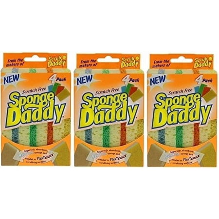 Scrub Daddy Sponge Daddy - Dual Sided Sponge & Scrubber, FlexTexture, Soft in Warm Water, Firm in Cold, Deep Cleaning, Dishwasher Safe, Multiuse, Scratch Free, Odor Resistant, 4ct Pack of 3