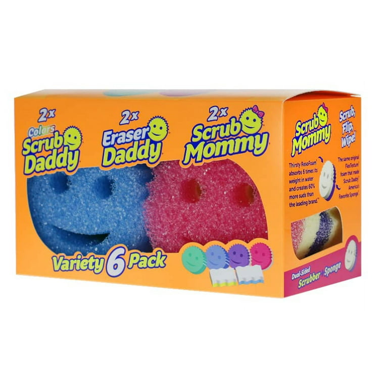 Scrub Daddy Sponge Variety Pack - Kitchen and Home Cleaning Pack, Contains  2 Scrub Daddy, 2 Scrub Mommy & 2 Eraser Daddy, 1 6ct Box
