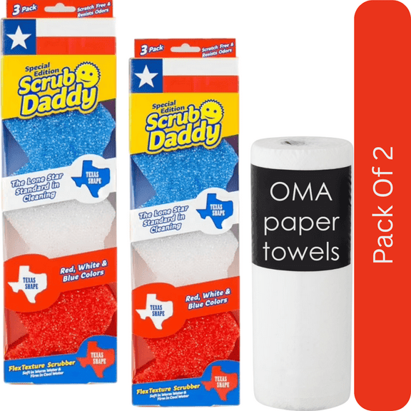 Scrub Daddy Texas Shaped Cleaning Sponges Red, White, and Blue (3 ct.)-2pk, With Paper Towel By OMA