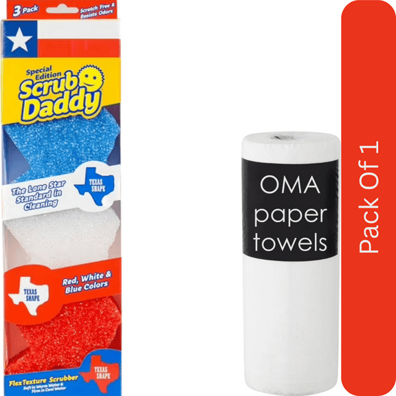 Scrub Daddy Texas Shaped Cleaning Sponges Red, White, and Blue (3 ct.)-With Paper Towel By OMA