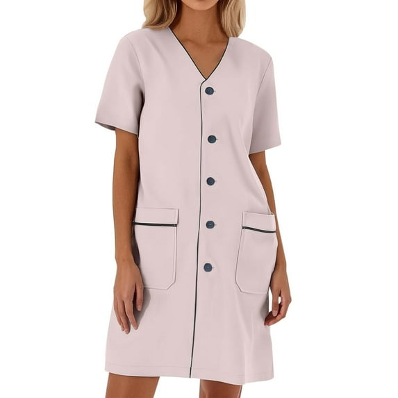 Scrub Dress Ladies Solid Color Loose Short Sleeved White Lab Nylon Srubs Dress Summer Dresses Women Khaki S