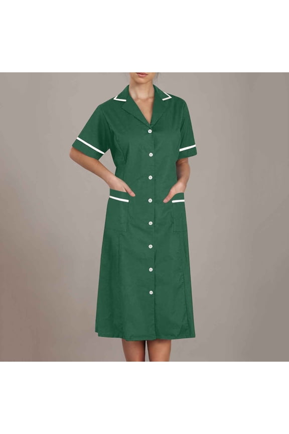 Scrub Dresses for Women Nurses Plus Size Medical Scrubs for Women Sets Cozy Fit Short Sleeve Button Up Cardigan Dress Knee Length Scrubs Nurse Shirts Workwear Custom Scrubs with Pockets, Green M
