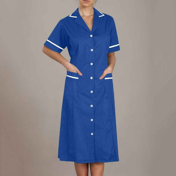 Scrub Dresses for Women Nurses Plus Size Medical Scrubs for Women Sets Cozy Fit Short Sleeve Button Up Cardigan Dress Knee Length Scrubs Nurse Shirts Workwear Custom Scrubs with Pockets, Blue L
