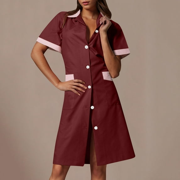 Scrub Dresses for Women Nurses Plus Size Scrub Tops Cozy Fit Short Sleeve Button Down Cardigan Dress Knee Length Scrubs Nurse Shirts for Women for Work Custom Scrubs with Pockets, Wine 2XL