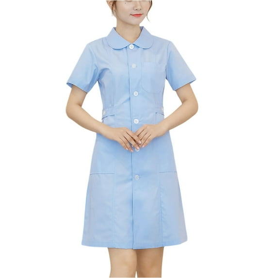 Scrub Dresses for Women Casual Solid Color Short Sleeve Nur-se Working Uniform Pockets Stretchy V-Neck Holiday Workwear Blue
