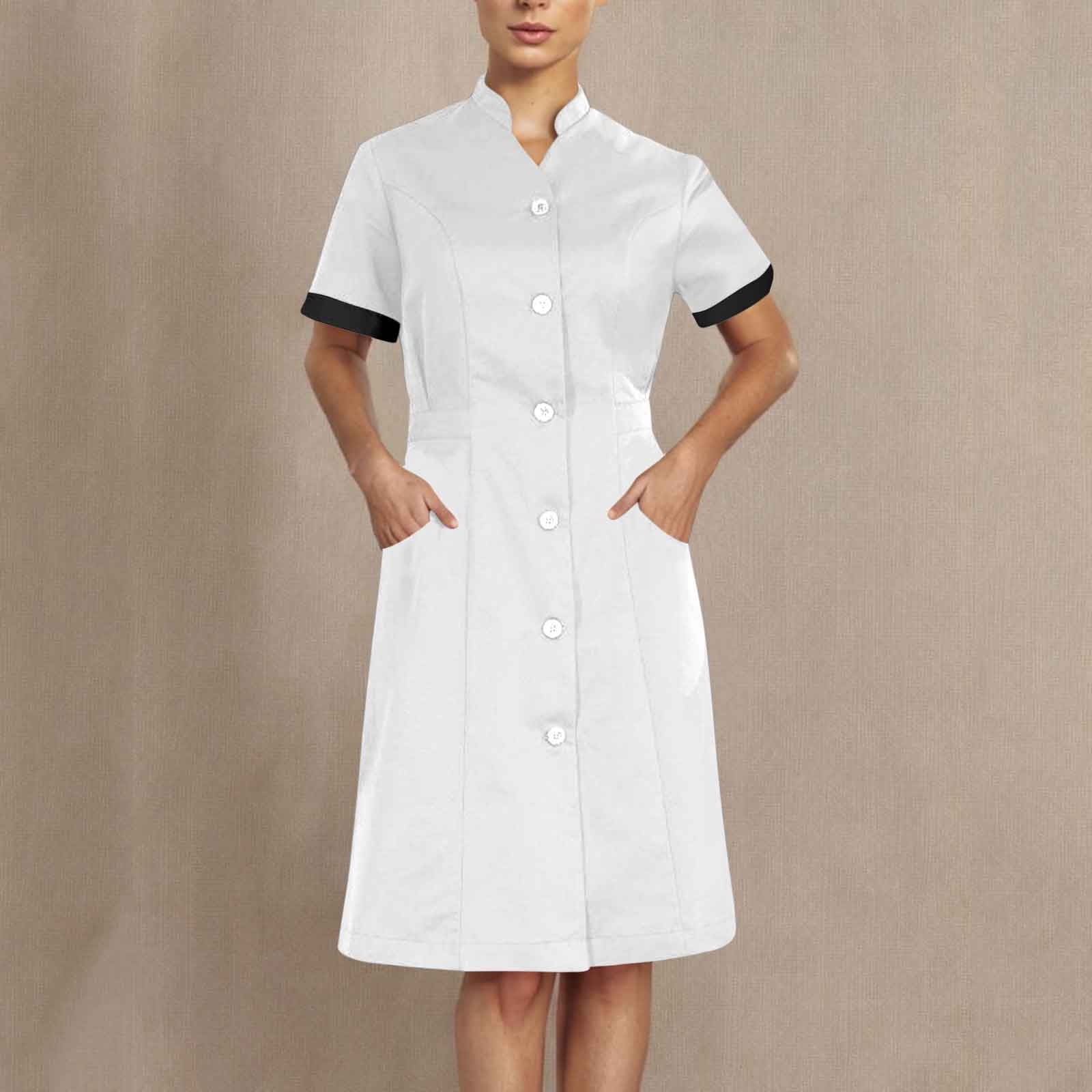 Maqroz Scrub Dresses for Women Uniforms Button Up Workwear Knee Length Casual Short Sleeve Nursing Dresses with Pockets, White XL, Women's