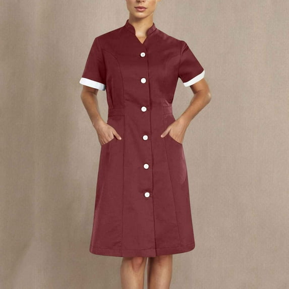Scrub Dresses for Women Uniforms Button Up Workwear Knee Length Casual Short Sleeve Nursing Dresses with Pockets, Wine S