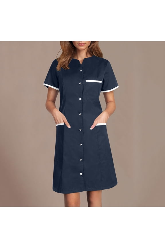 Scrub Dresses for Women Uniforms Wrap Workwear Knee Length Casual Long Sleeve Nursing Dresses with Pockets, Navy M