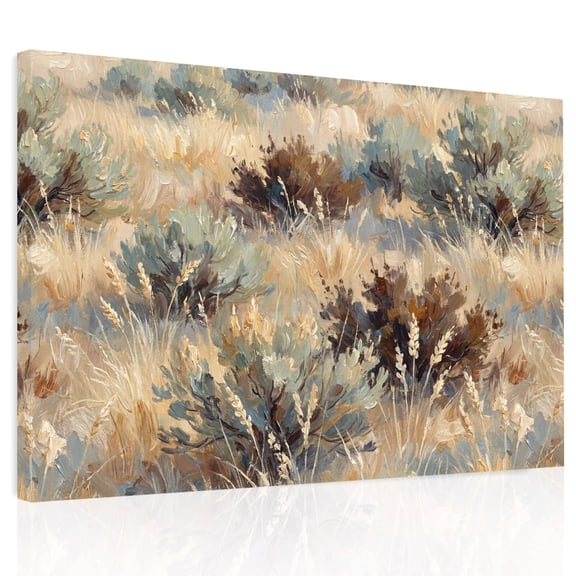 Scrub Grass Canvas Print Wall Art, Rustic Western Tan Khaki Green Desert Wilderness Wall Decor Framed Artwork Paintings Pictures for Living Room Bedroom Stretched Ready to Hang, 20" x 24"