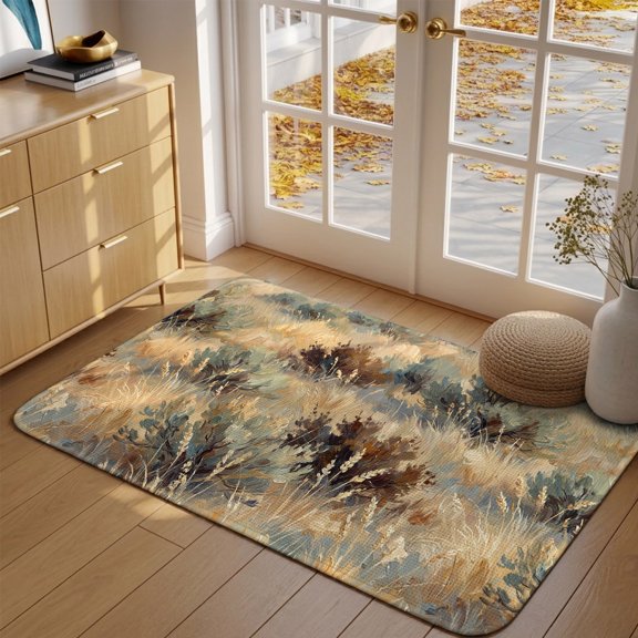 Scrub Grass Front Door Mat Indoor Entrance, Rustic Western Tan Khaki Green Desert Wilderness Absorbent Dirt Resist Welcome Mats Non-Slip Low-Profile Doormat Washable Entry Rug Indoor 17x30 Inch
