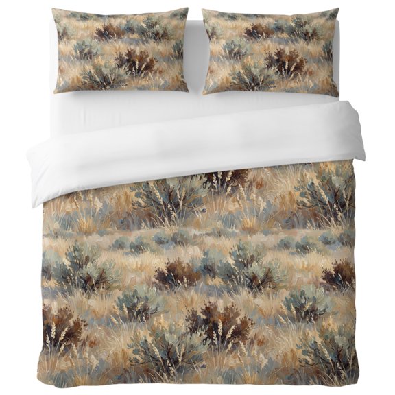 Scrub Grass Full Duvet Cover Set, Rustic Western Tan Khaki Green Desert Wilderness Decorative 3 Piece Bedding Set with Zipper Closure Soft Breathable Microfiber Comforter Cover & 2 Pillowcases