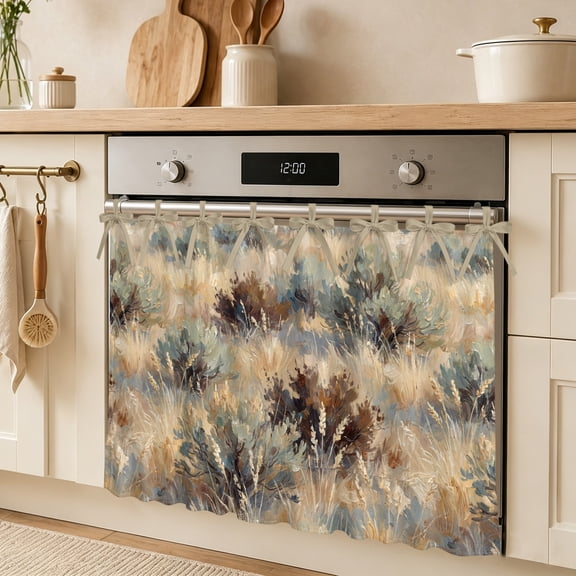 Scrub Grass Oven Skirt Curtain, Rustic Western Tan Khaki Green Desert Wilderness Tie Top Tier Curtains Stove Dishwasher Skirt Small Window Drapes for Kitchen Bathroom Cafe 27"x20"