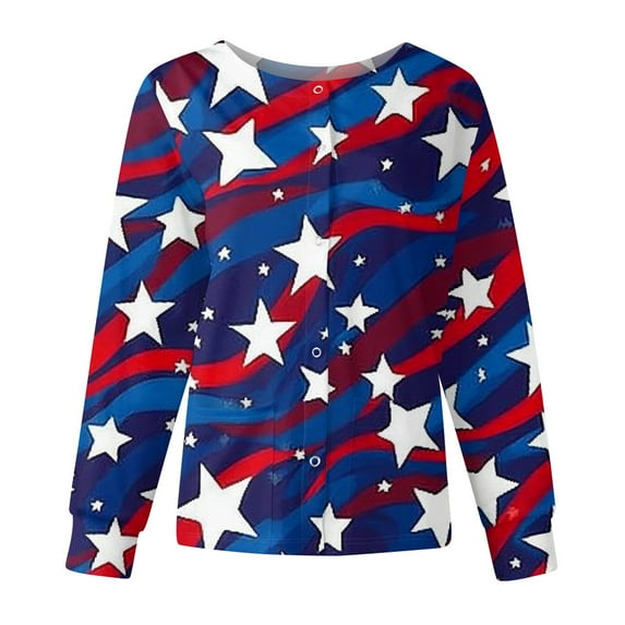 Scrub Jacket for Women 4th Of July Long Sleeve Snap Front Patriotic Star and Stripes Printed Independence Day Nurse Uniforms Workwear Tops with Pockets