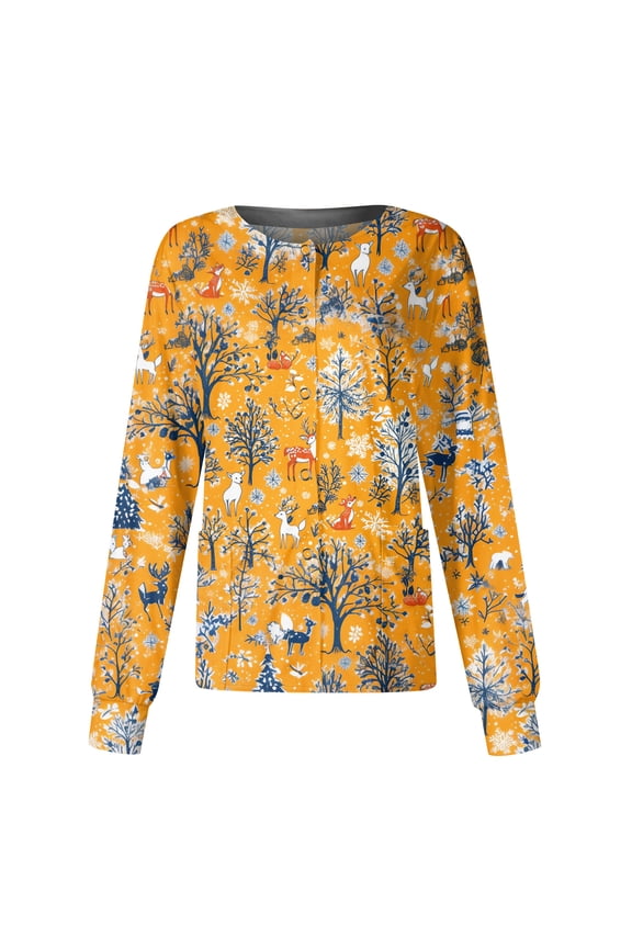 Scrub Jacket for Women Easter Snap Front Cute Bunny Graphic Long Sleeve Scrubs Jacket Nurse Uniforms Workwear Shirts with Pockets