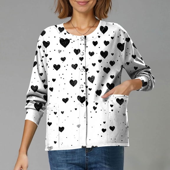 Scrub Jacket for Women Valentine's Day Funny Love Heart Printed Snap Front Long Sleeve Working Jacket Scrubs Jacket Workwear Uniforms with Pockets