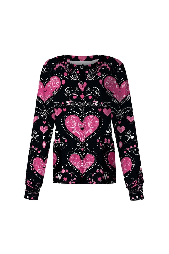 Scrub Jacket for Women Valentine's Day Long Sleeve Snap Front Valentine Love Heart Printed Jacket Working Uniforms with Pockets 2026