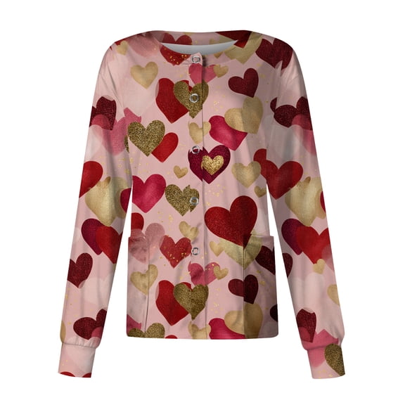 Scrub Jacket for Women Valentine's Day Snap Front Cute Love Heart Graphic Long Sleeve Scrubs Jacket Working Uniforms with Pockets 2026