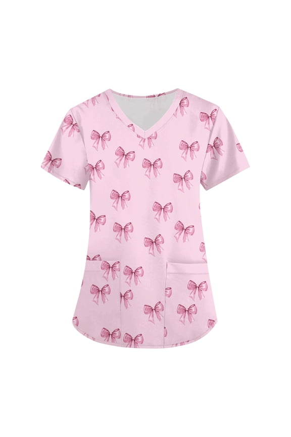 Scrub Jackets for Woman, Cotton Hemp Blend Medical Uniform Four Seasons Nursing Shirt Short Sleeve V-Neck Top Hand Wash Clinical Work Tops Womens Bow Print Healthcare Red 5Xl