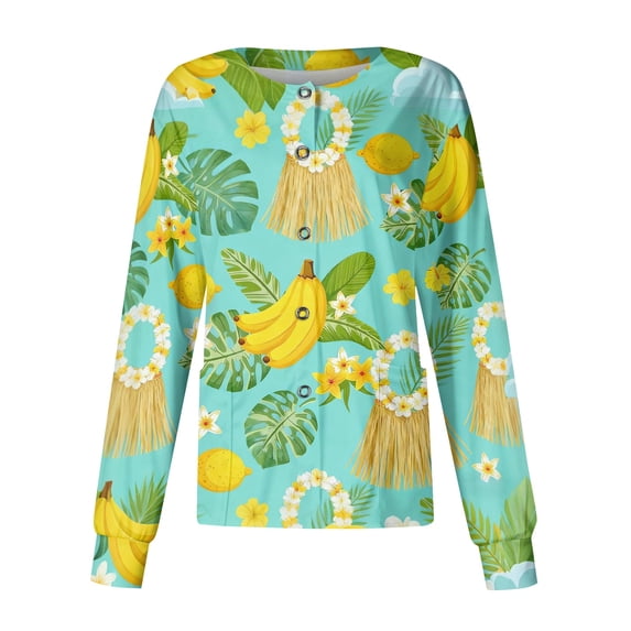 Scrub Jackets for Woman Long Sleeve Snap Front Lightweight Medical Uniforms Funny Hawaiian Tropic Scrub Tops Soft Breathable Scrub Coats for Women Cyan L