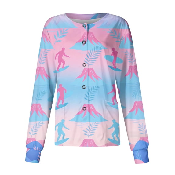 Scrub Jackets for Woman Long Sleeve Snap Front Lightweight Scrub Tops Trendy Hawaiian Tropic Scrub Jackets for Women Easy Care Soft Nursing Jacket Light pink 5XL