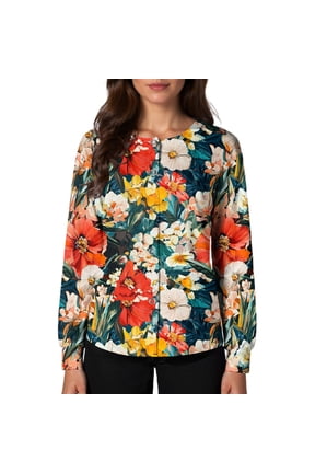 Scrub Jackets for Woman Long Sleeve Snap Front Lightweight Women's Medical Scrub Jackets Funny Floral Print Scrub Jackets Easy Care Soft Nursing Jacket Red XL