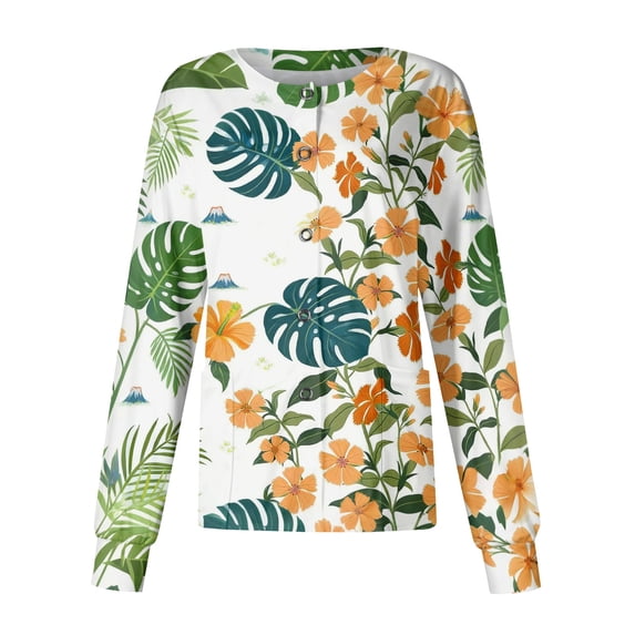 Scrub Jackets for Woman Long Sleeve Snap Front Plus Size Scrub Jackets Cute Hawaiian Tropic Women's Medical Scrub Jackets Easy Care Soft Nurse Working Uniform Army Green 5XL