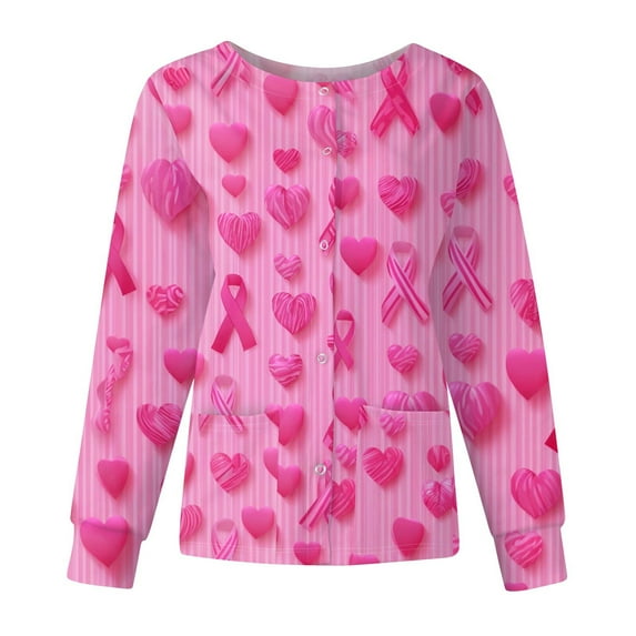 Scrub Jackets Women Printed Scrubs Blouse with Pocket,Workwear Top for Daily Nursing Uniform Breast Cancer Awareness Bh Vermilion Xxl