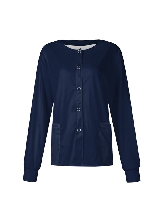 Scrub Jackets for Woman Casual Long Sleeve Single Breasted Care Workwear Nursing Uniform Cardigan Scrubs Navy 3XL