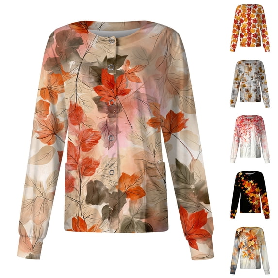 Scrub Jackets for Woman Long Sleeve Cute Print Scrub Tops Plus Size Snap Front Nurse Working Uniform