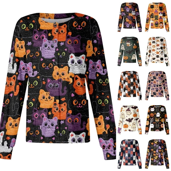 Scrub Jackets for Woman Long Sleeve Print Scrub Tops Plus Size Snap Front Nurse Working Uniform