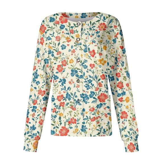 Scrub Jackets for Woman Long Sleeve Snap Front Lightweight Medical Uniform Cute Floral Print Scrub Tops Easy Care Soft Nurse Shirt Blue 2XL