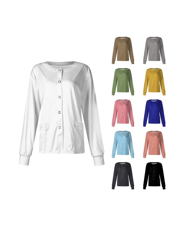 Scrub Jackets for Woman Long Sleeve Snap Front Medical Uniform Solid Nurse Shirt with Pockets,XL