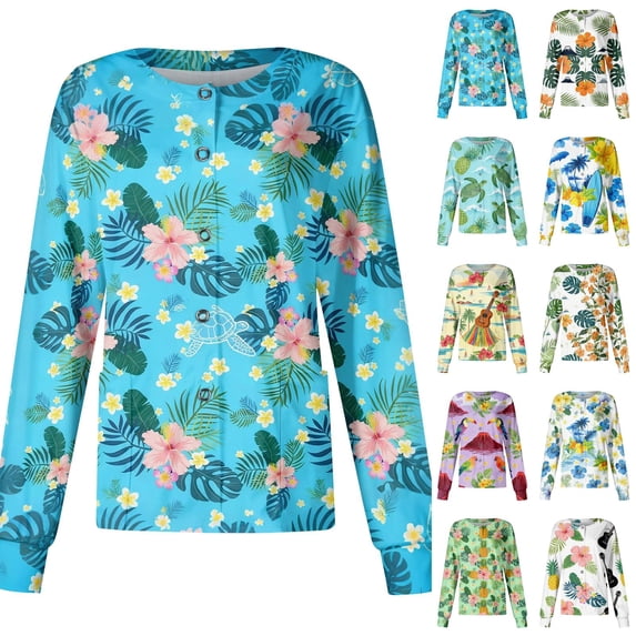 Scrub Jackets for Woman Long Sleeve Snap Front Plus Size Medical Uniform Funny Hawaiian Tropic Scrub Tops Soft Comfy Nurse Working Uniform Blue L
