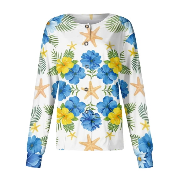 Scrub Jackets for Woman Long Sleeve Snap Front Plus Size Medical Uniform Trendy Hawaiian Tropic Scrub Tops Easy Care Soft Nursing Jacket Blue S